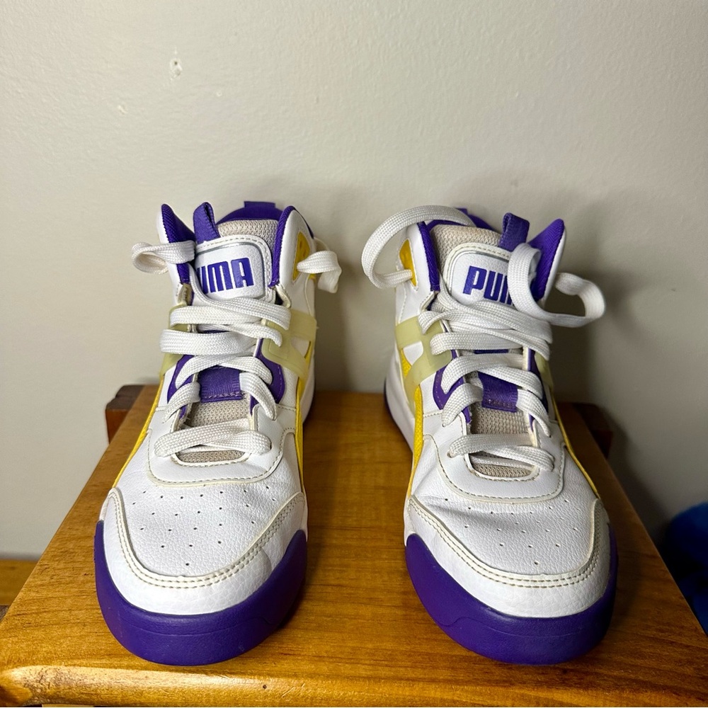 🥂SOLD🥂Puma Backcourt Mid Casual Sneakers, Size 5c, Purple White Yellow - Picture 2 of 8